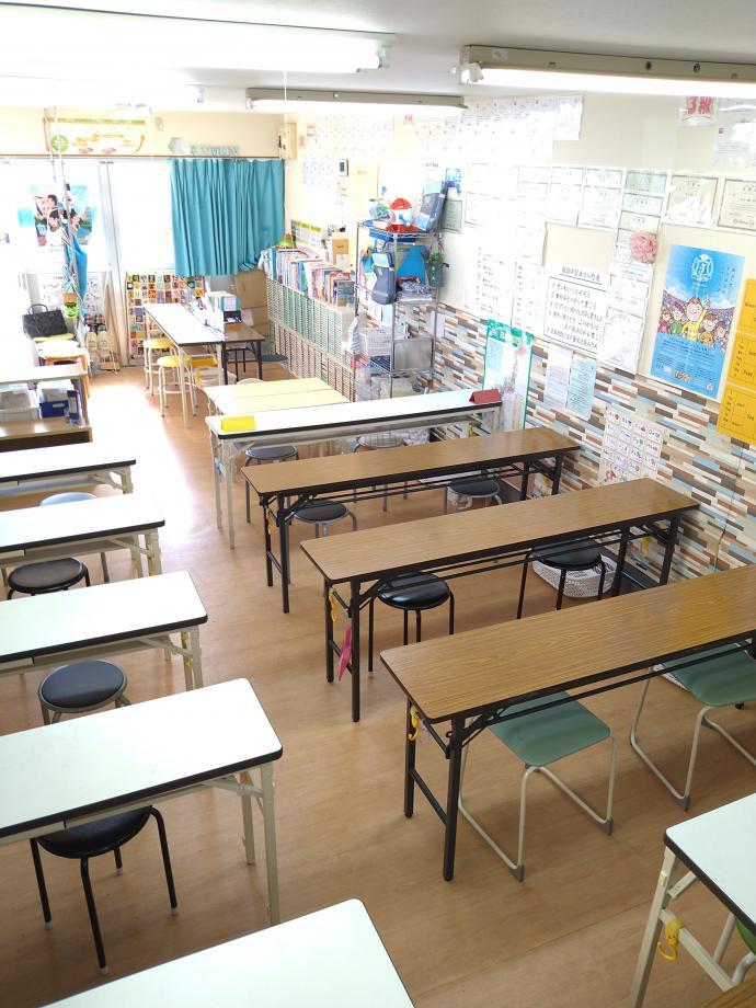静かに学習できる環境を整えています。先生の席を５カ所配置しています。