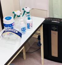 ◆感染防止対策 空気清浄機複数設置。フェイスシールド、飛沫防止パネル、消毒等