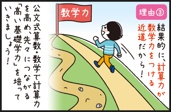 理由③結果的に、計算力が数学力をつける近道だから！公文式算数・数学で計算力を高め、先々につながる「高い基礎学力」を培っていきましょう！