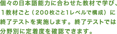 個々の日本語能力に合わせた教材で学び、 １教材ごと（２００枚ごと１レベルで構成）に 終了テストを実施します。終了テストでは 分野別に定着度を確認できます。 