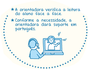 A orientadora verifica a leitura do aluno face a face. Conforme a necessidade, a orientadora dará suporte em português.