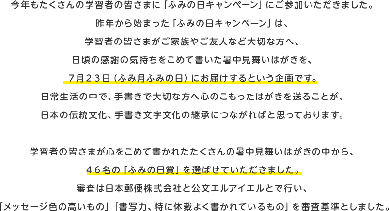 今年もたくさんの学習者の皆さまに「ふみの日キャンペーン」にご参加いただきました。昨年から始まった「ふみの日キャンペーン」は、学習者の皆さまがご家族やご友人など大切な方へ、日頃の感謝の気持ちをこめて書いた暑中見舞いはがきを、7月23日（ふみ月ふみの日）にお届けするという企画です。日常生活の中で、手書きで大切な方へ心のこもったはがきを送ることが、日本の伝統文化、手書き文字文化の継承につながればと思っております。
					学習者の皆さまが心をこめて書かれたたくさんの暑中見舞いはがきの中から、46名の「ふみの日賞」を選ばせていただきました。審査は日本郵便株式会社と公文エルアイエルとで行い、「メッセージ色の高いもの」「書写力、特に体裁よく書かれているもの」を審査基準としました。