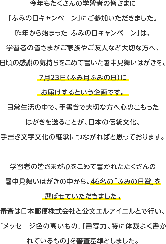 今年もたくさんの学習者の皆さまに「ふみの日キャンペーン」にご参加いただきました。昨年から始まった「ふみの日キャンペーン」は、学習者の皆さまがご家族やご友人など大切な方へ、日頃の感謝の気持ちをこめて書いた暑中見舞いはがきを、7月23日（ふみ月ふみの日）にお届けするという企画です。日常生活の中で、手書きで大切な方へ心のこもったはがきを送ることが、日本の伝統文化、手書き文字文化の継承につながればと思っております。
					学習者の皆さまが心をこめて書かれたたくさんの暑中見舞いはがきの中から、46名の「ふみの日賞」を選ばせていただきました。審査は日本郵便株式会社と公文エルアイエルとで行い、「メッセージ色の高いもの」「書写力、特に体裁よく書かれているもの」を審査基準としました。